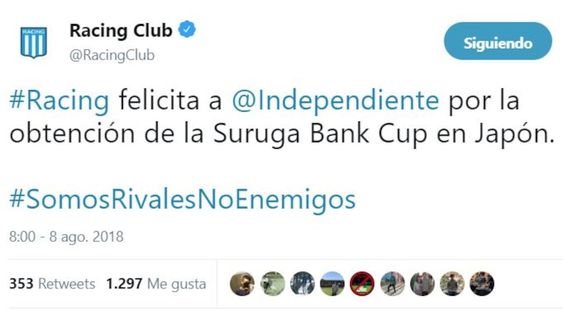 Rivales, no enemigos: Racing felicitó al Rojo por el título en Japón