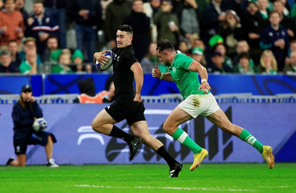 Will Jordan, autor de uno de los tries de Nueva Zelanda ante Irlanda, por cuartos de final del Mundial de Francia. (AP)