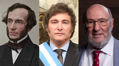 Javier Milei rodeado por Juan Bautista Alberdi, un liberal pleno y por Walter Block un libertario absoluto.