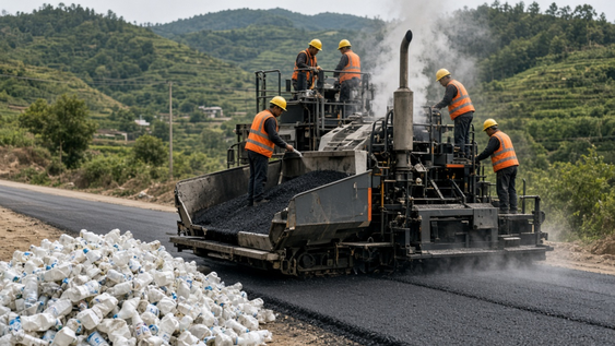 China impulsó el reciclaje de botellas de leche descartables para restaurar carreteras.&nbsp;
