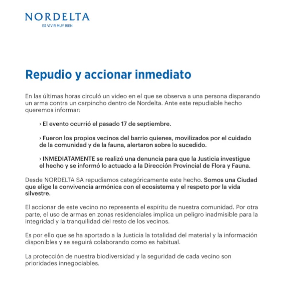 El comunicado de Nordelta por el hecho.