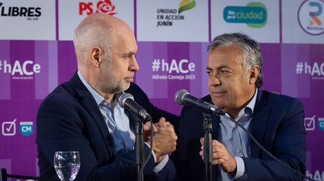 Los Andes | Rodolfo Suárez, Horacio Rodríguez Larreta y Alfredo Cornejo presentaron el Frente Cambia Mendoza en el Club Andes Talleres.  Foto: Ignacio Blanco / Los Andes