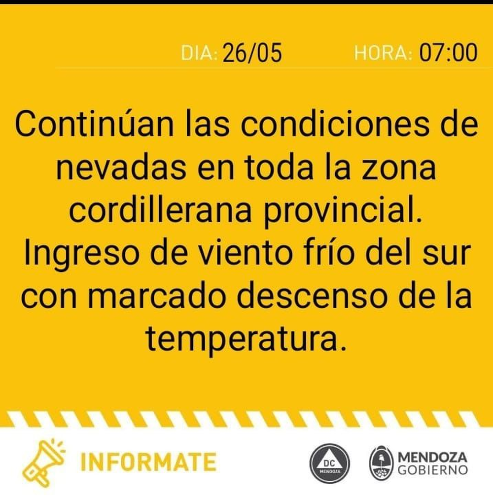 Alerta amarilla por nevadas en la cordillera de Mendoza. 