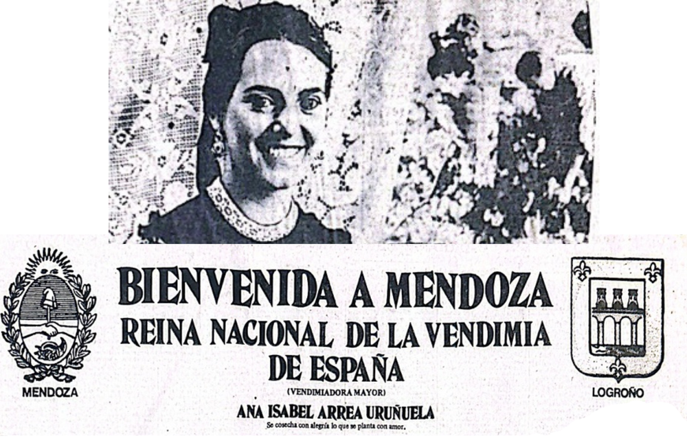Un mensaje de bienvenida anticipó la llegada a Mendoza de la Vendimiadora Mayor de España, Ana Isabel Arrea Uruñuela, procedente de Logroño: un guiño de proyección internacional y de lazos culturales en la Vendimia de 1984. 