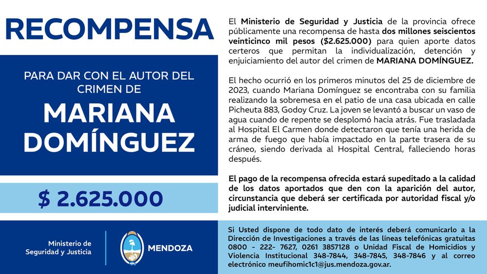 Ultima recompensa ofrecida por Mariana Domínguez. 