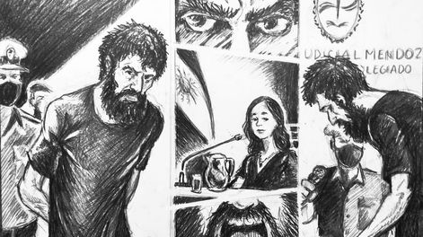 Los Andes | El artista Damián Pérez Santos tuvo a su cargo el court sketch del juicio contra Gil Pereg y así lo ilustró. Foto: Prensa Poder Judicial de Mendoza.