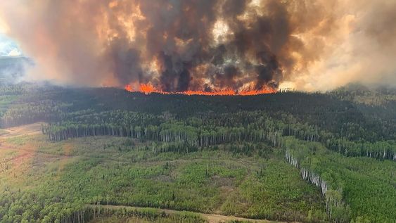 Un incendio forestal arrasa con un bosque de Alberta, Canadá, el viernes 12 de mayo. La situación empeoró y el humo llegó hasta Nueva York.  (Government of Alberta Fire Service/Canadian Press via AP)