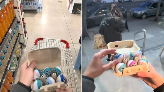 Fue al supermercado, vació una huevera y la llenó con chocolates Kinder para pagar menos