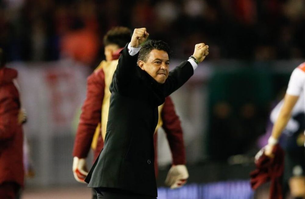 Marcelo Gallardo en una de sus celebraciones ante Boca en La Bombonera. /EFE - Juan Ignacio Roncoroni