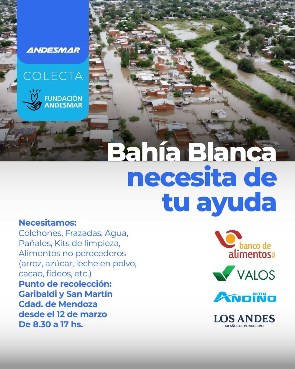 Inundaciones en Bahía Blanca: instalan un puesto para recolectar donaciones en el kilómetro cero de Mendoza