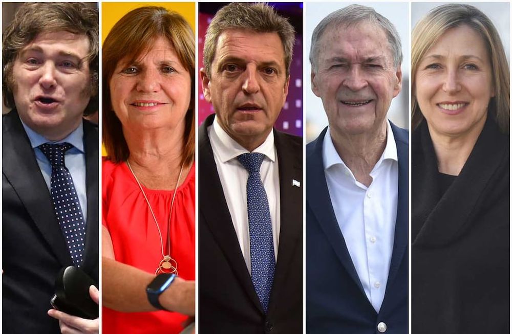 Elecciones 2023: los cinco candidatos a presidente que competirán en las generales: Javier Milei, Patricia Bullrich, Sergio Massa, Juan Schiaretti y Myriam Bregman.