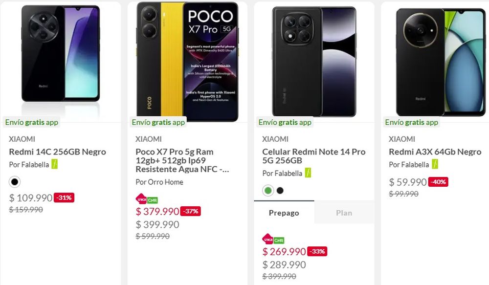 Teléfonos Xiaomi en liquidación - Falabella Chile (octubre de 2025)