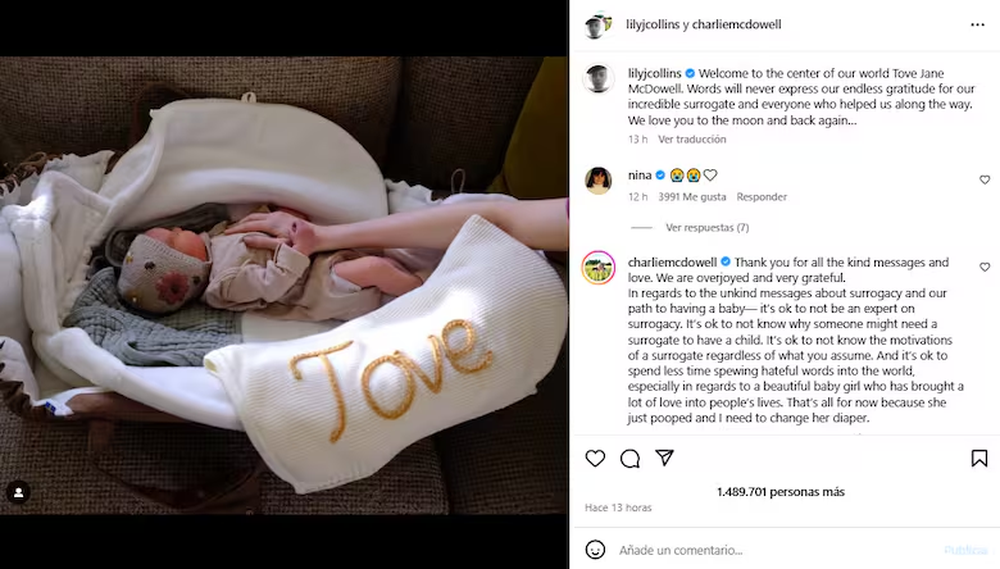 Lily Collins present&oacute; a su hija Tove Jane McDowell