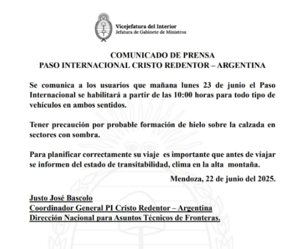 Press Release - Cristo Redentor International Pass.