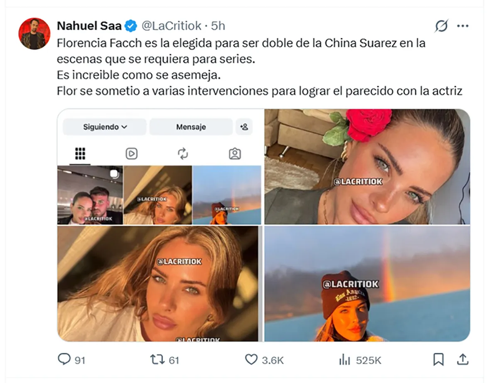Se supo quién es la doble de la China Suárez para hacer escenas que ella no quiere.