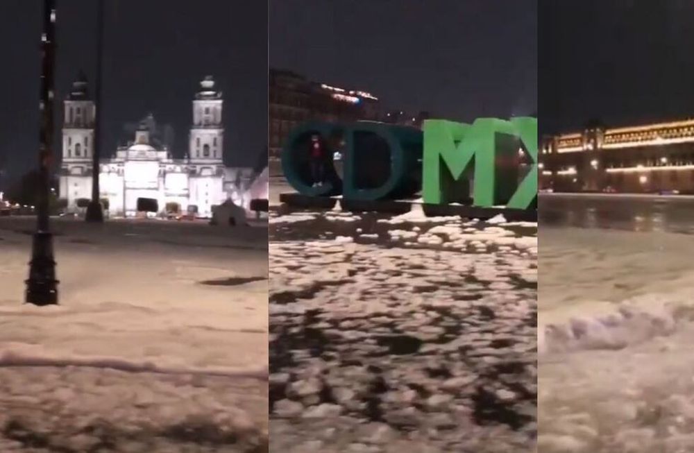 Un hombre se refugió de una fuerte tormenta de granizo dentro de la letra C del cartel CDMX. Foto: Captura Twitter.