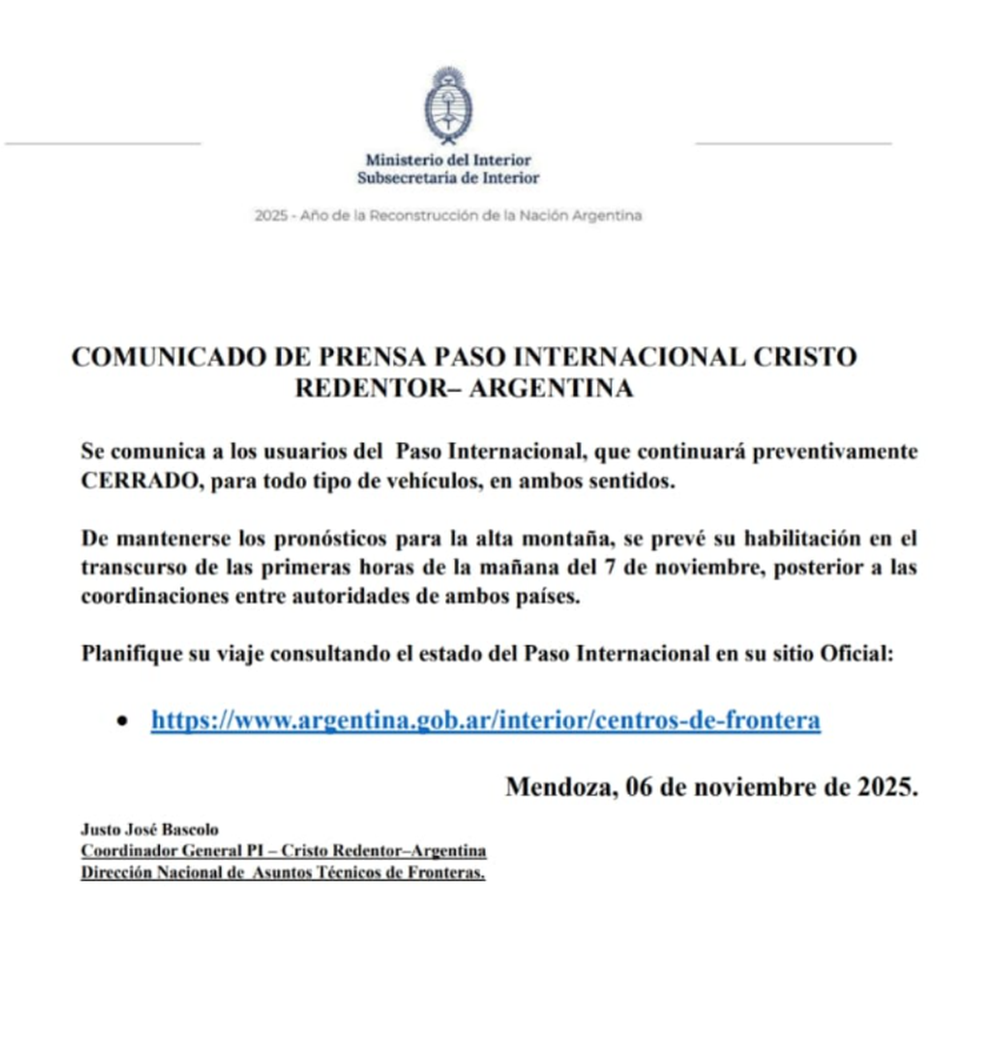 Communiqué concernant la fermeture du col du Cristo Redentor.