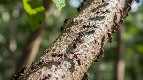 Estos métodos juntos forman un camino inaccesible para que las hormigas no rompan los brotes y frutos de los árboles.