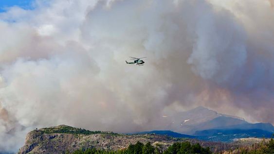 Brigadistas combaten el incendio en el Parque Nacional Los Alerces y que ya consumió más de 1.000 hectáreas en su mayoría de especies nativas en una zona montañosa de difícil acceso. (Télam)