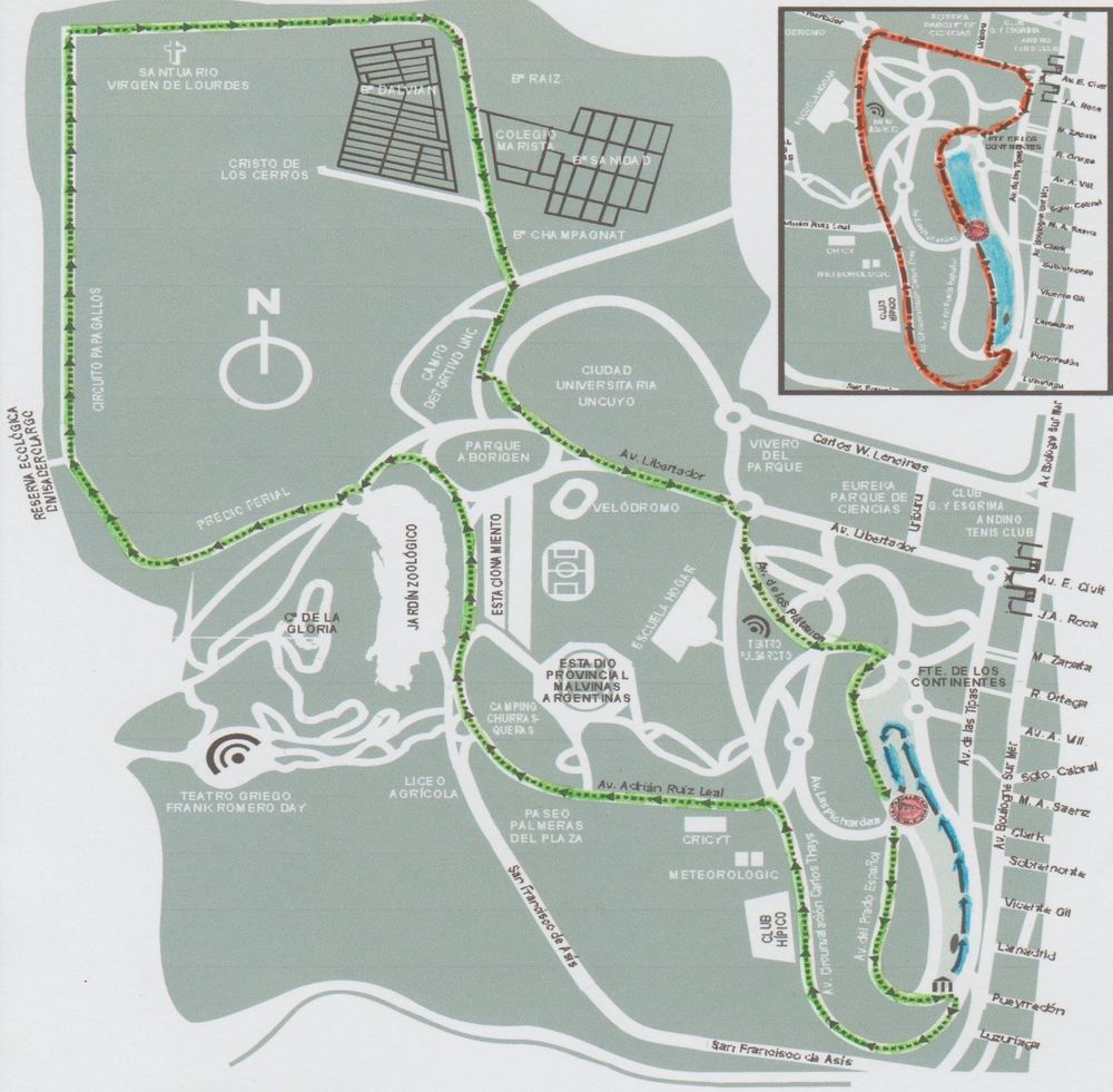 El croquis del circuito 1° Triatlón Internacional Vendimia '87. Natación: azul/Ciclismo: verde/ Pedestrismo: naranja.  