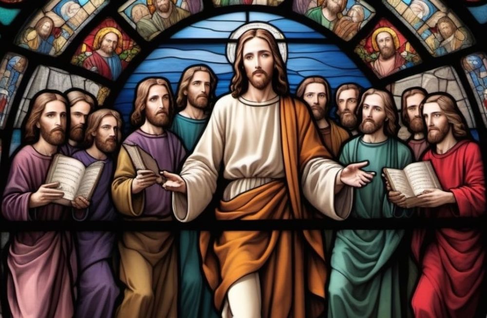 Detalle de un vitral, Jesús y sus 12 apóstoles cada uno sosteniendo un objeto característico.