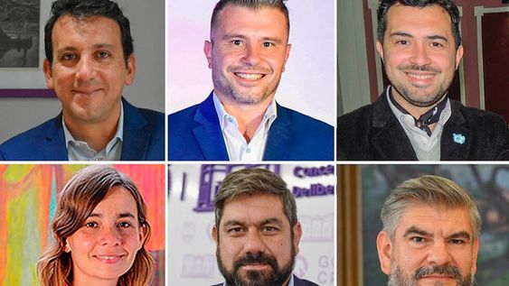 El actual intendente de Godoy Cruz Tadeo García Zalazar junto a los cinco aspirantes a la comuna que hoy dirige: Diego Costarelli, Diego Coronel, Florencia Santoni, Fabricio Cuaranta y Diego Gareca.