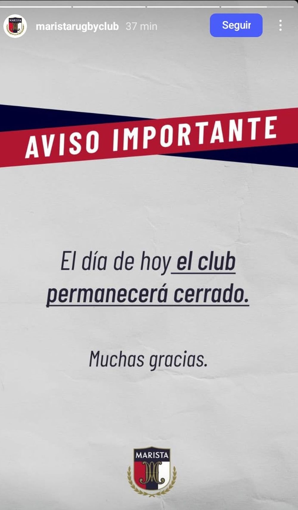 El club avisó que hoy cerrará el club.