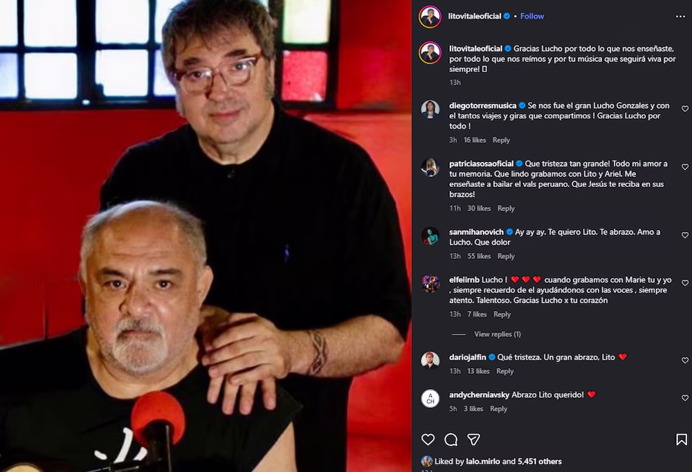 La despedida de Lito Vitale al guitarrista Lucho González.