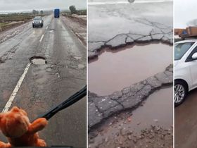 Baches en la Ruta 7: más de 14 autos sufrieron roturas de cubiertas en medio de la lluvia.