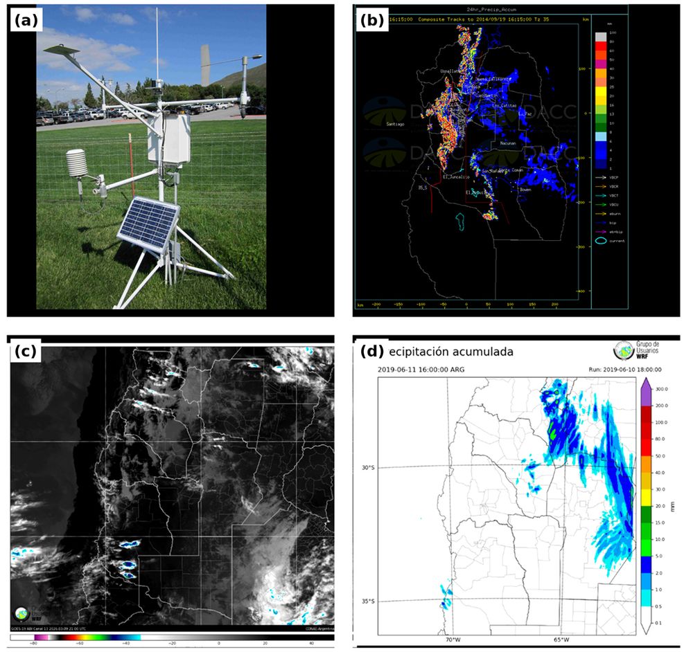 Recursos disponibles. Principales fuentes de información utilizadas en el monitoreo y pronóstico del tiempo: (a) fotografía propia de estación meteorológica, (b) imagen de radar meteorológico, Dirección de Contingencias Climáticas de Mendoza, (c) imagen satelital del GOES-16, (d) salida del modelo WRF, Modelo Experimental WRF (Región Cuyo).