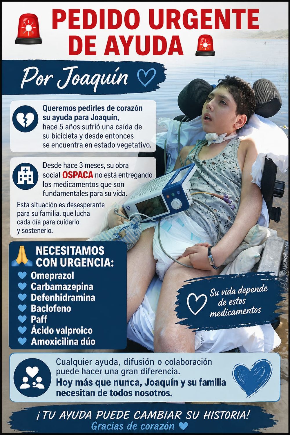 Joaquín iba en bici con su mamá, cayó a la acequia y quedó en estado vegetativo. El drama de una familia, un sistema que no responde y la solidaridad de la gente. Foto: Gentileza