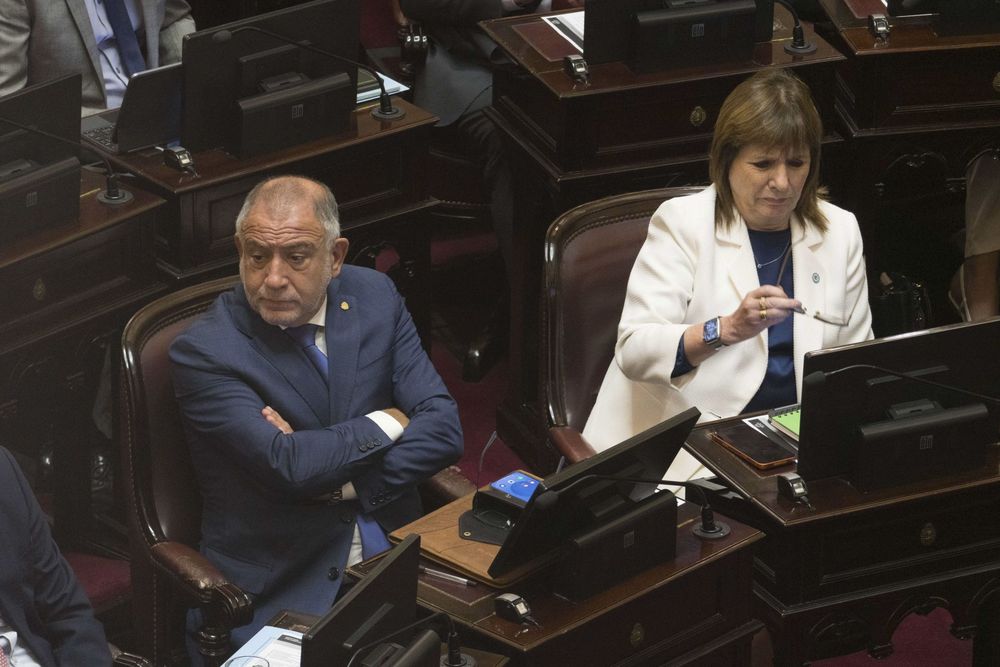 Los senadores Luis juez y Patricia Bullrich durante la sesión en la que el oficialismo intentará aprobar la reforma a la Ley de Glaciares y la ratificación del acuerdo comercial entre el Mercosur y la Unión Europea.
