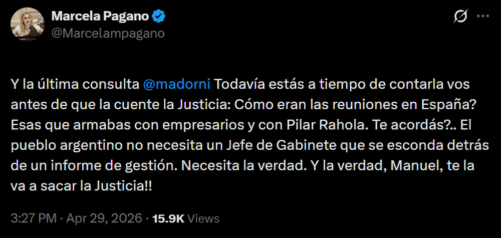 Posteo de Pagano cuestionando a Adorni.