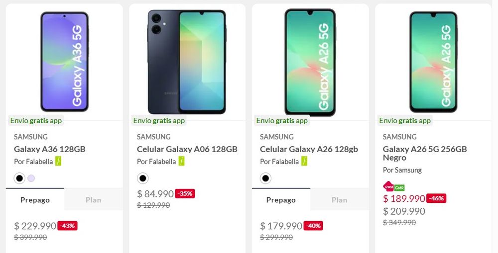 Teléfonos Samsung en liquidación - Falabella Chile (octubre de 2025)