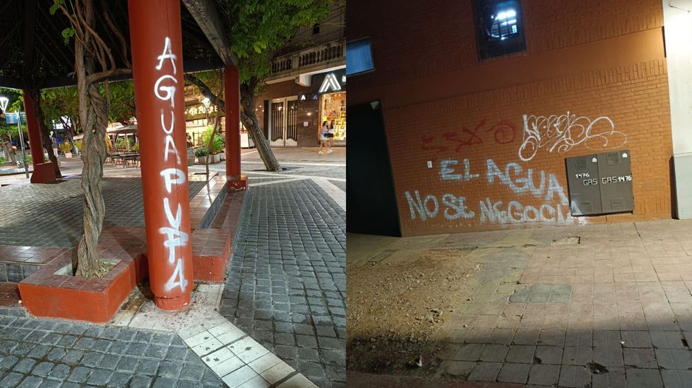 Daños y pintadas de manifestantes antimineros el martes por la noche. Daños y pintadas de manifestantes antimineros el martes por la noche.