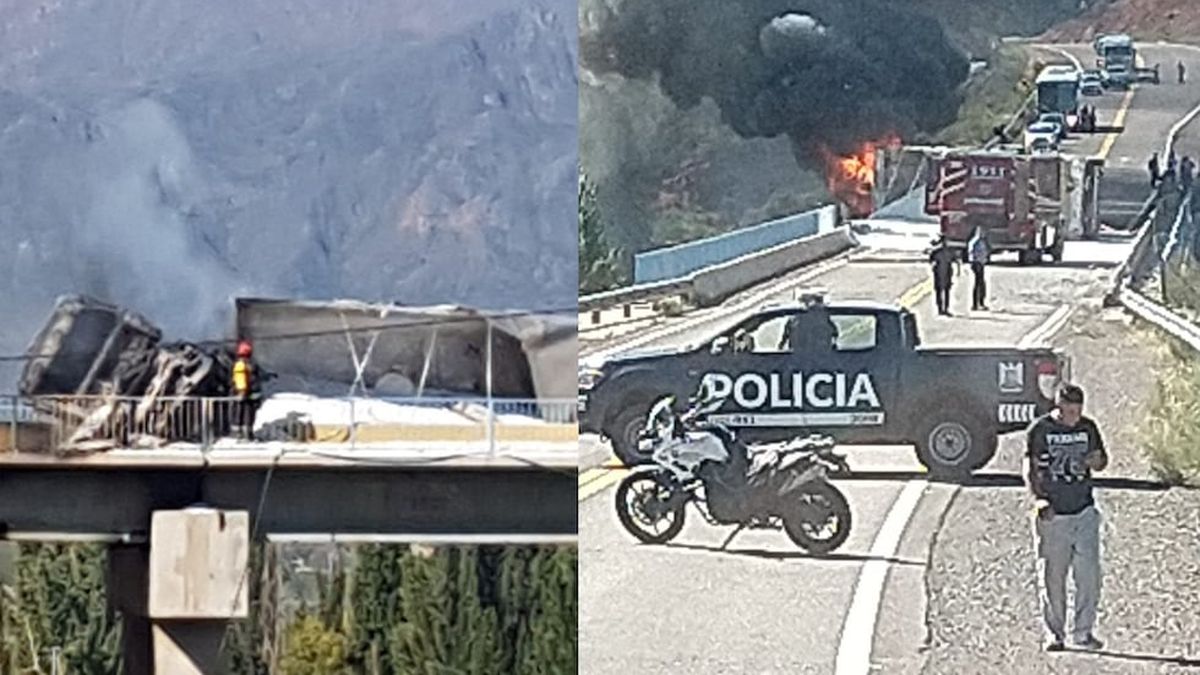 Video: un camión volcó y se prendió fuego en la ruta 7