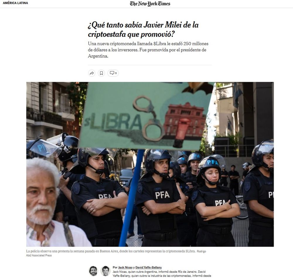 Publicación del diario The New York Times con una investigación sobre un supuesto sistema de pedido de dinero para reunirse con el presidente Milei
