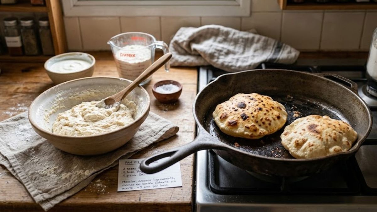 Pan casero en sartén en menos de 20 minutos y con solo 3 ingredientes, ideal para una comida rápida