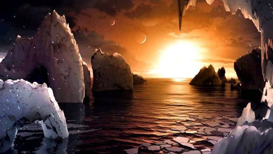 Hallan siete planetas como la Tierra donde puede haber vida.  En el dibujo de la NASA se muestra la ténue luz diurna que emitiría el pequeño sol del sistema.