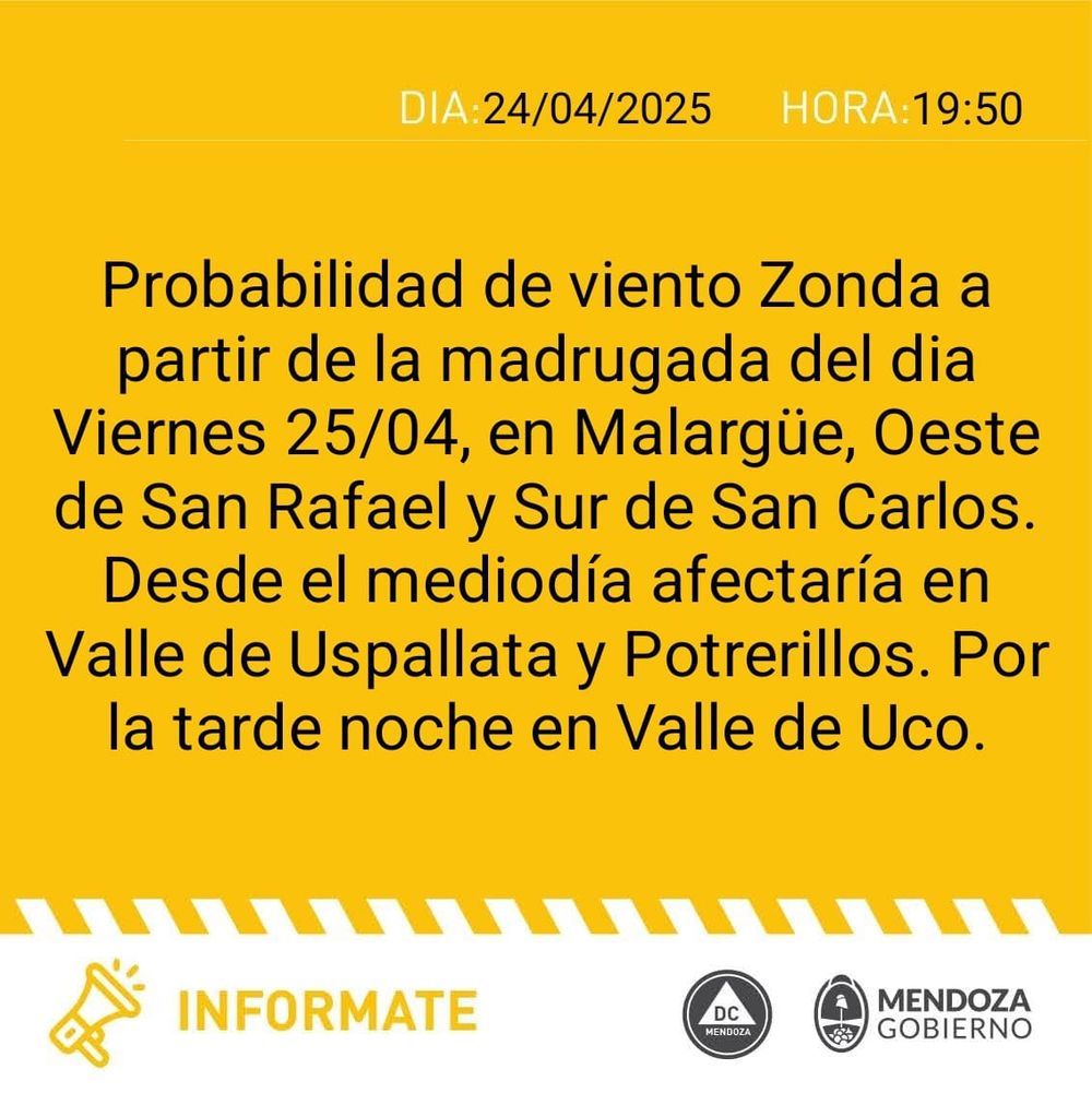 Alerta amarilla por viento zonda por parte de Defensa Civil. 