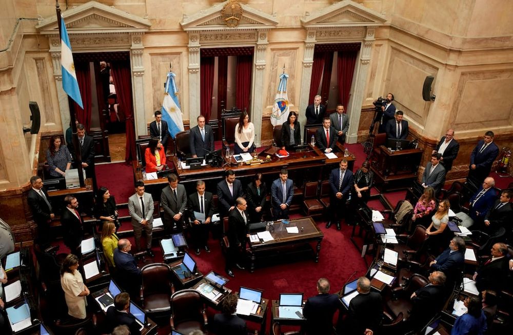 La vicepresidenta Victoria Villarruel, que es a su vez la presidenta del Senado, arriba en el centro, da inicio a la sesión del Senado en el Congreso, en Buenos Aires, Argentina, el jueves 14 de marzo de 2024. Archivo: (AP Foto/Natacha Pisarenko)
