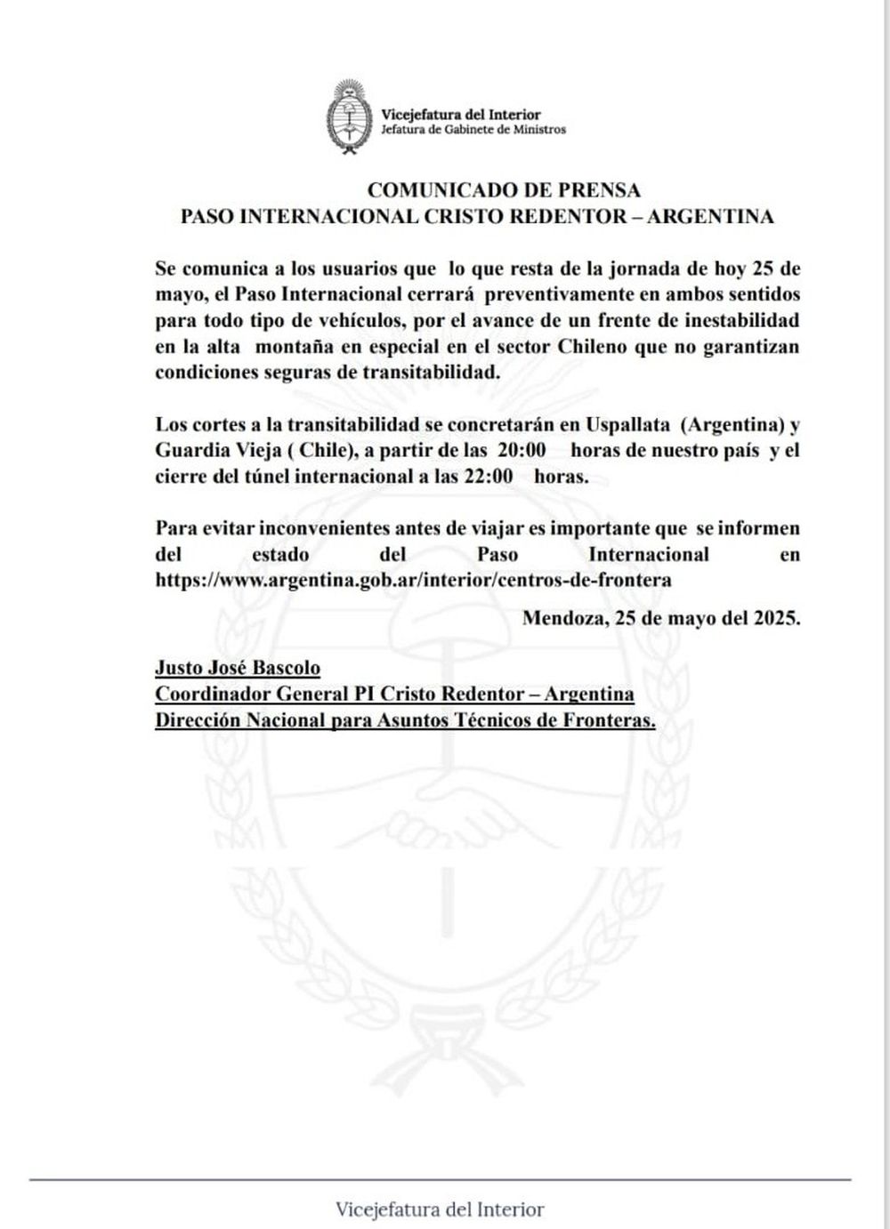 Cierra el Paso Cristo Redentor este 25 de mayo.