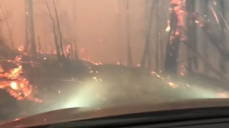 El dramático momento en que un padre y su hijo escapan de un feroz incendio forestal