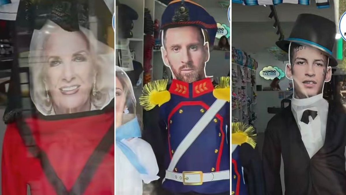 La insólita vidriera de un comercio en San Luis con disfraces del 25 de Mayo y caras de famosos argentinos