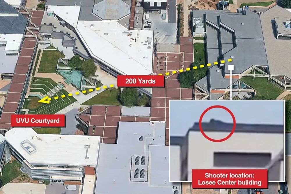 Un mapa de la ubicación del tirador durante el evento donde fue asesinado Charlie Kirk en la Universidad de Utah