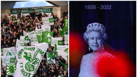 Aficionados del Shamrock Rovers irlandés durante su partido de Conference League de este 8 de septiembre y una imagen de la reina Isabel II de Inglaterra. Foto: Web
