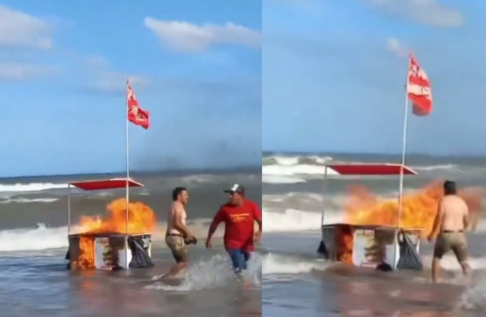 Algunos turistas ayudaron al vendedor a arrojar el puesto ambulante al mar, de otra forma, el episodio podría haber pasado a mayores. Foto: Captura video