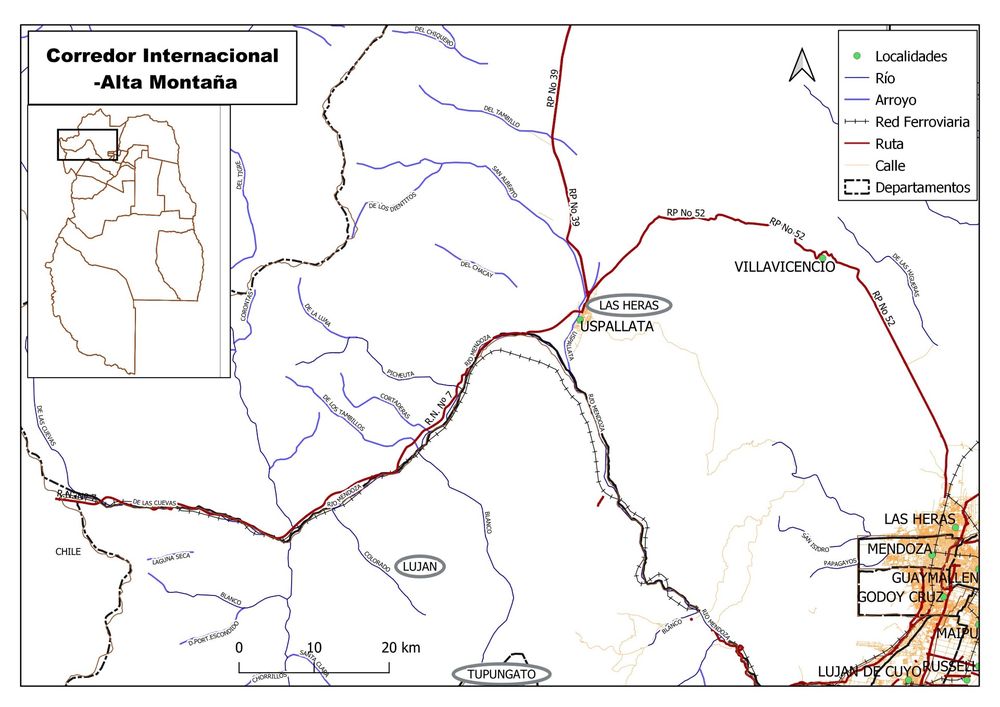 Mapa del corredor internacional de alta montaña entre Argentina y Chile