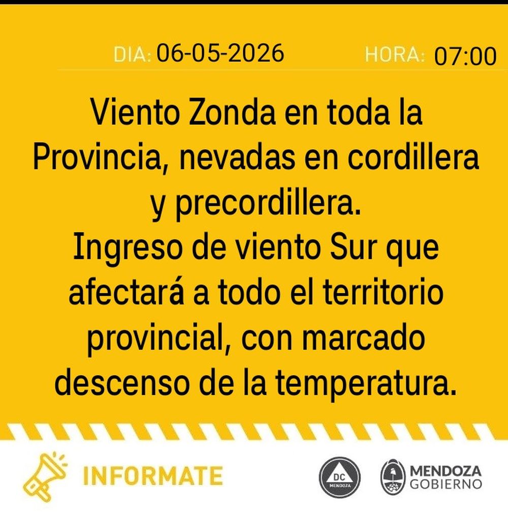 Alerta por viento Zonda en Mendoza este miércoles 6 de mayo