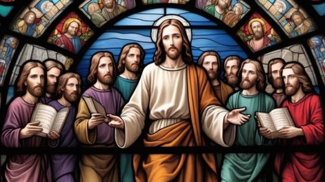 Detalle de un vitral, Jesús y sus 12 apóstoles cada uno sosteniendo un objeto característico.